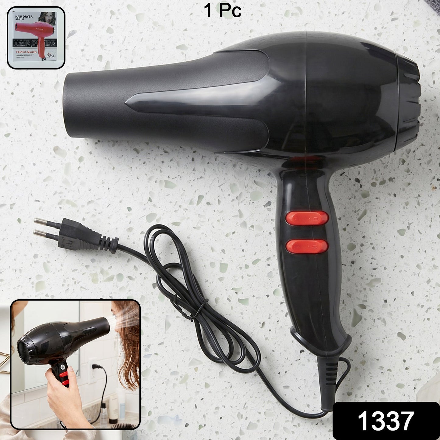 Retail packaging of the compact blow dryer.
