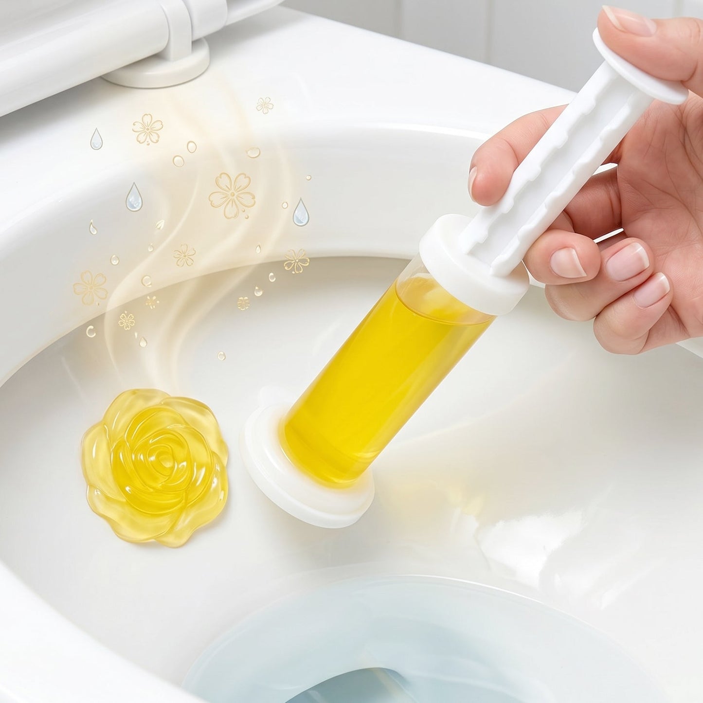 Flower-shaped toilet gel stamp applied inside toilet bowl to ensure freshness and cleanliness