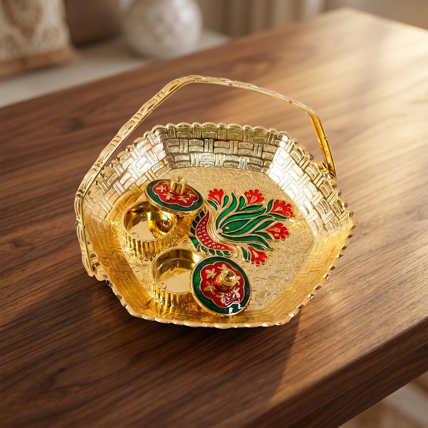 Golden kumkum kankavati used in religious ceremony