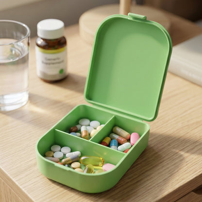 Pill organizer on bedside table for daily use.