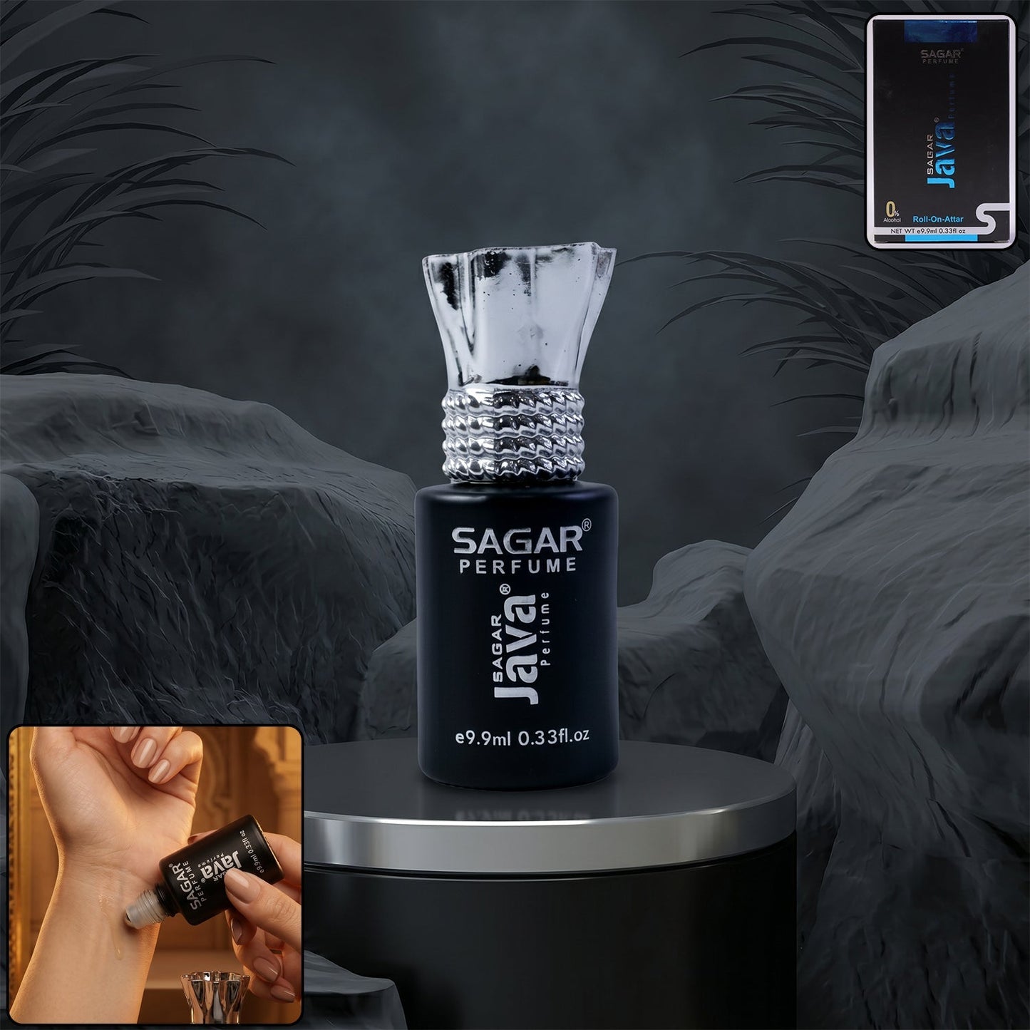 Java roll on attar perfume oil in black and silver bottle