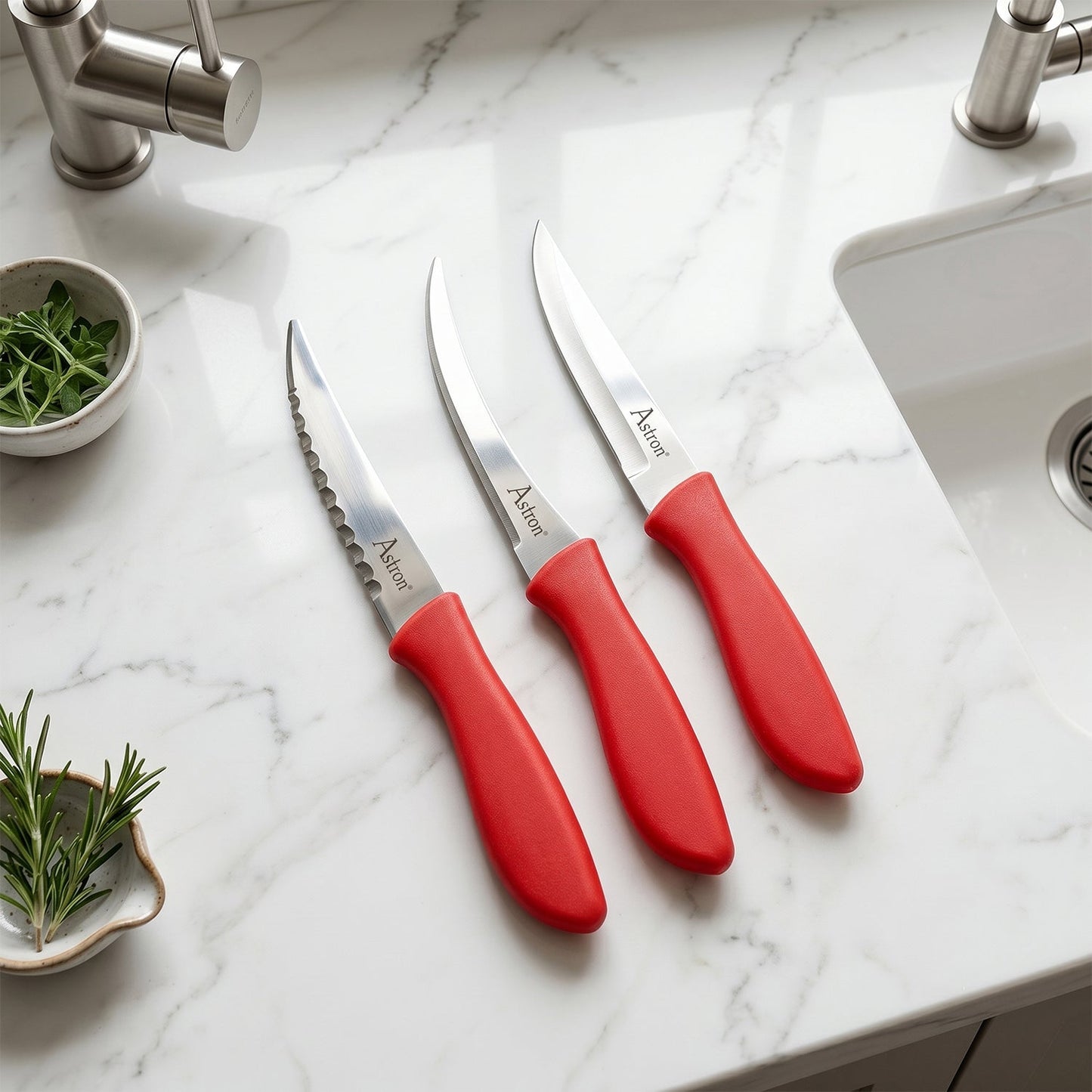 Assorted kitchen knives showing serrated, curved, and straight blades