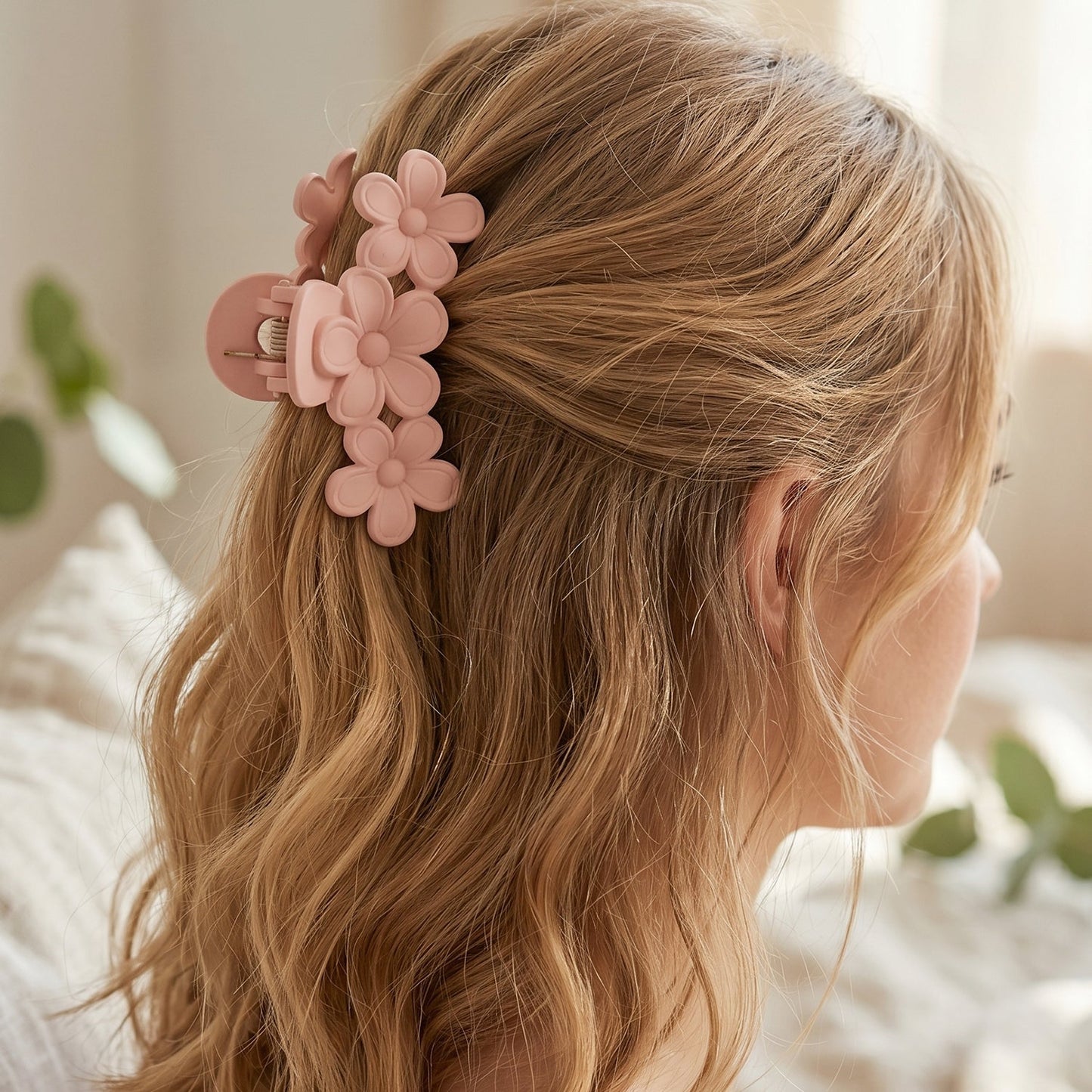Model wearing large pink hair claw clip