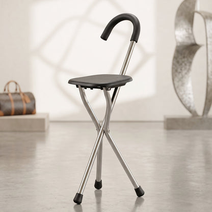 Adjustable folding walking stick with seat for stable support