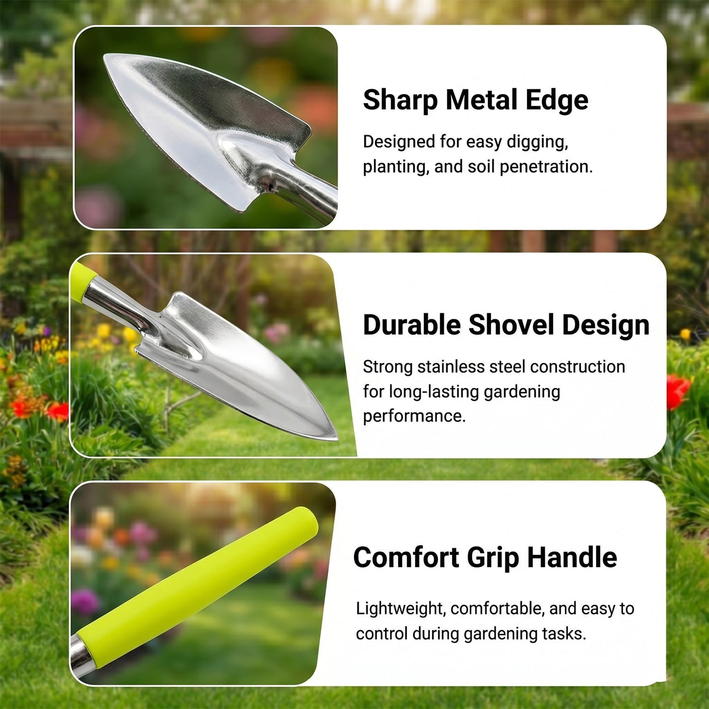 Close up of the sturdy steel trowel and rake from the Mini Gardening Tool Set.