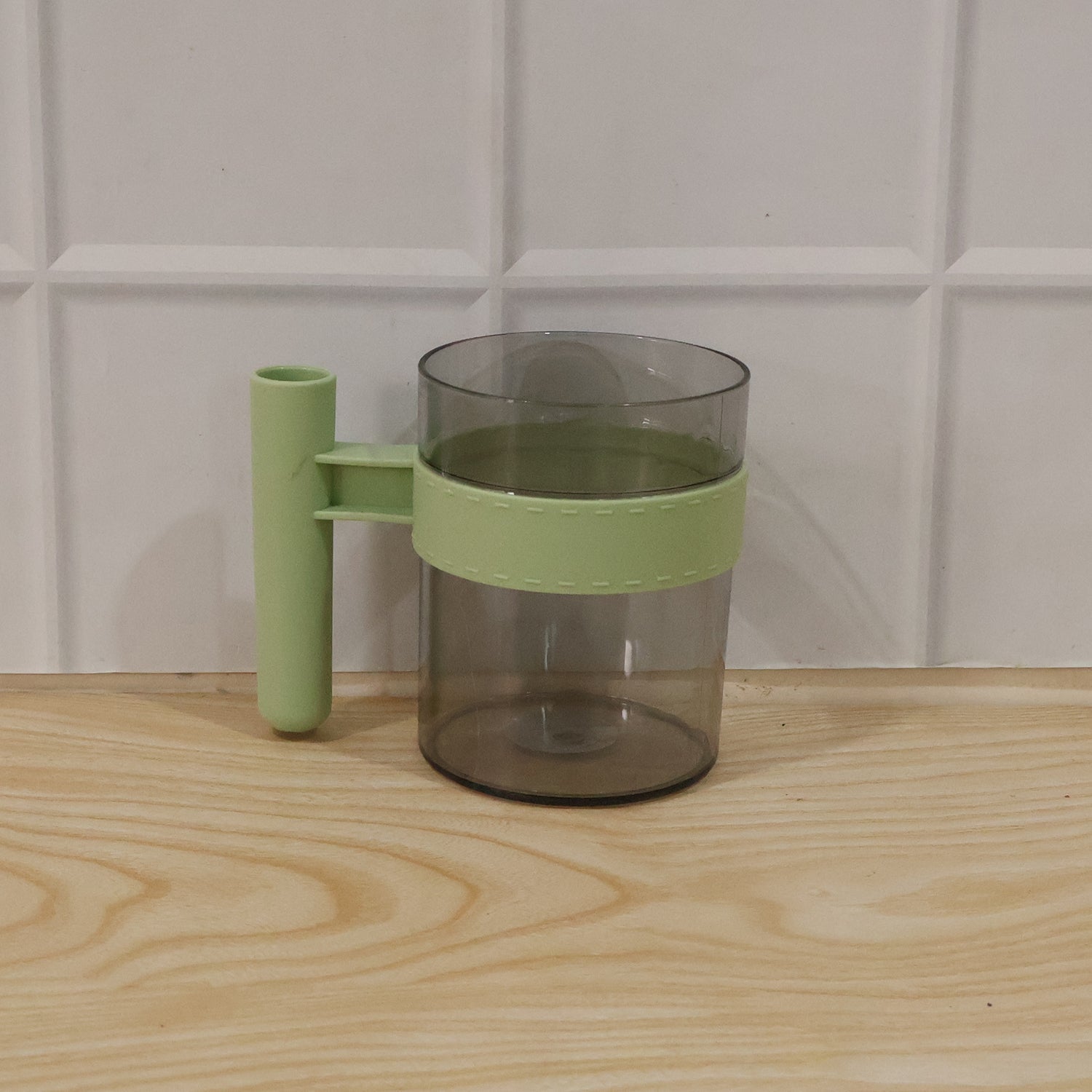 Transparent plastic drinking cup with handle, reusable and easy to clean