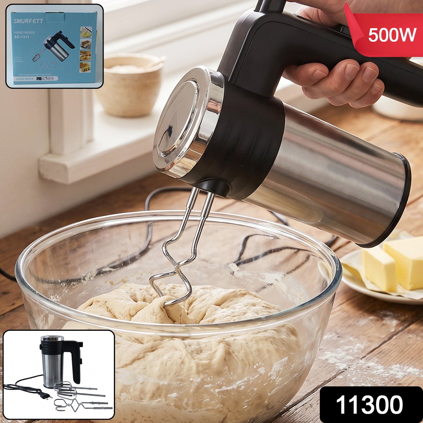Electric hand mixer 500W with beaters and dough hooks for baking (1 pc)